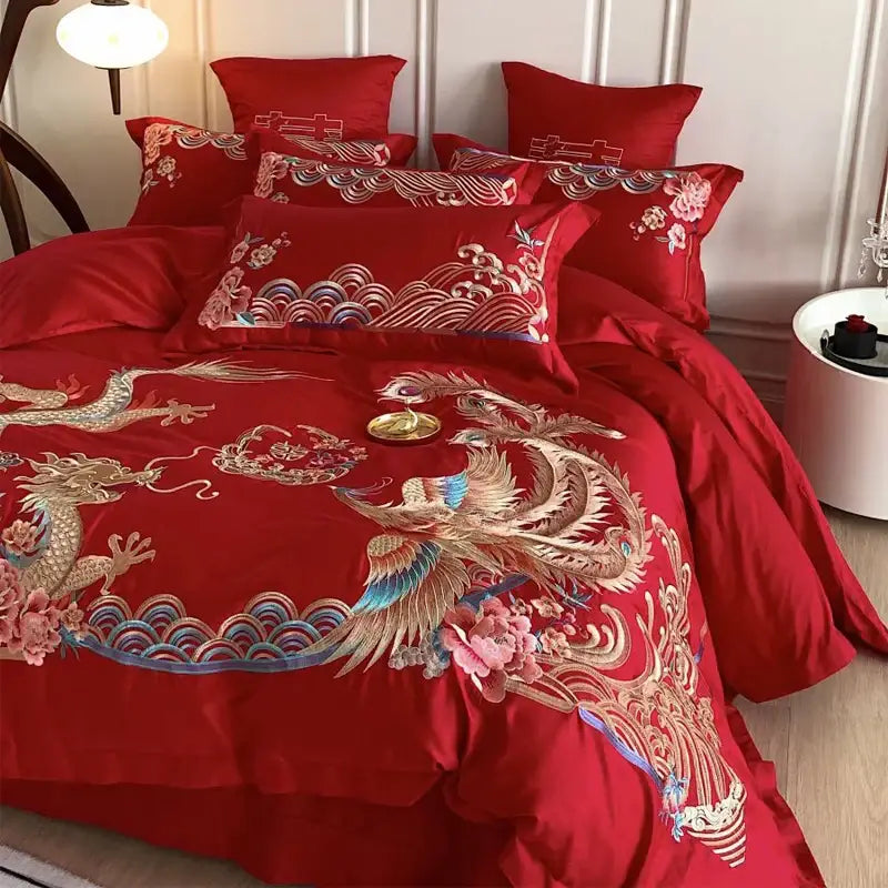 Red satin bedding set featuring gold loong phoenix embroidery with floral accents for luxurious bedroom decorbites decor