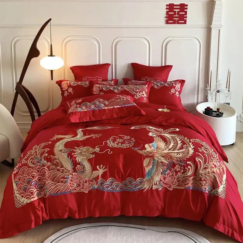Luxurious red satin bedding set with intricate gold loong phoenix embroidery for elegant bedroom decorbites gold loong decor