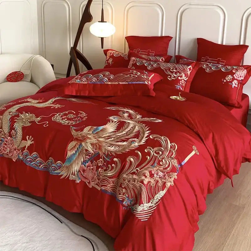 Vibrant red bedding set with intricate gold loong phoenix embroidery for luxurious bedroom decorbites gold loong decor