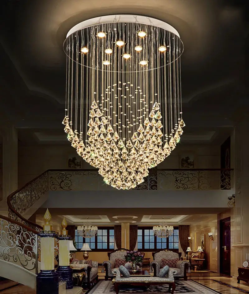 Luxurious white diamond crystal chandelier with circular frame and cascading glass prisms for living room lighting