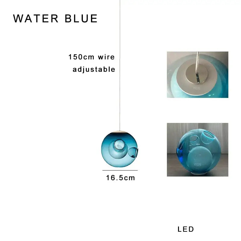Luxury amber glass sphere pendant light in translucent water blue with clear glass pendant and 150cm adjustable wire