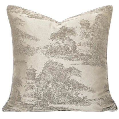 Luxury beige pillow cover with subtle textured print of traditional chinese pagodas for decorbites gold quatrefoil geometric decor