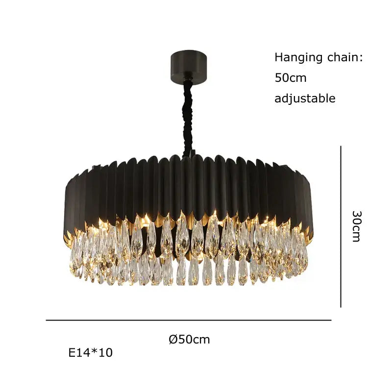 Luxury black crystal pendant lights dining room chandelier with black metal frame, cascading clear crystal droplets, gold accents