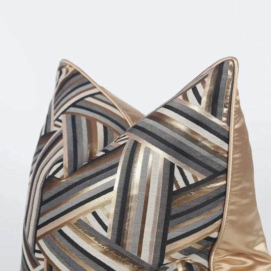 Luxury black and gold geometric jacquard cushion cover with metallic stripes and satin piping for decorbites jacquard high-end decor