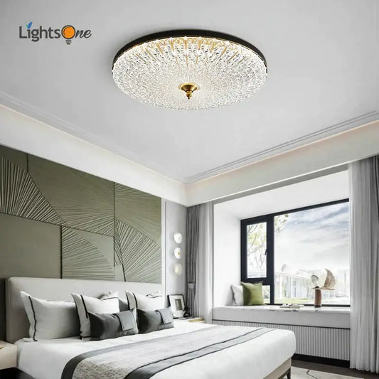 Luxury black and gold glass round ceiling lamp with intricate crystalline design for bedroom lighting