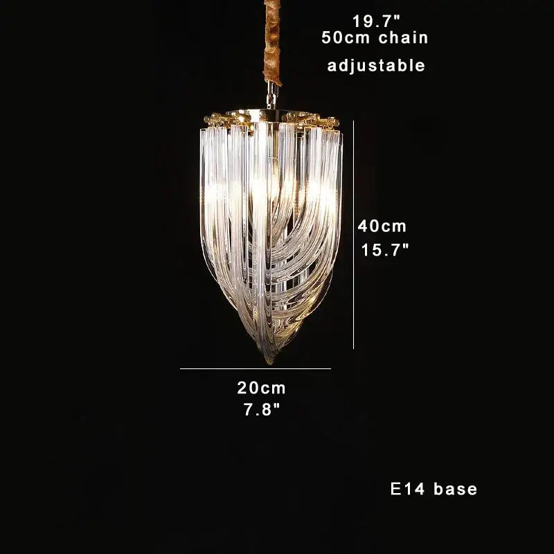 Elegant luxury black stainless steel glass ribbon chandelier with gold frame and clear curved crystal prisms for living room decor