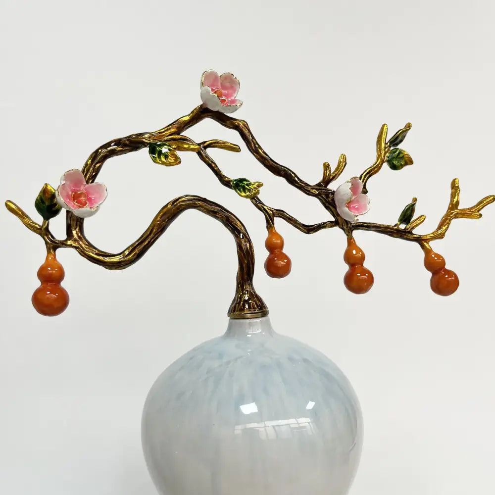 Luxury blue ceramic gourd vase with gold-toned branch ornament for elegant home office decoration and office use