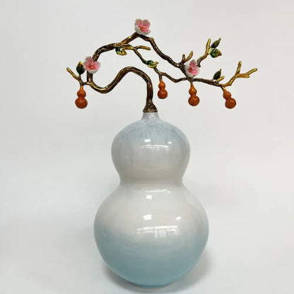 Luxury translucent gradient glass gourd vase with golden branch ornament and pink blossoms for home office decoration
