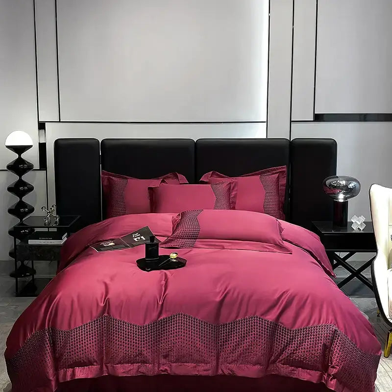 Luxury rich magenta satin bedding set with textured border and matching pillows featuring decorbites 1000tc cotton embroidery