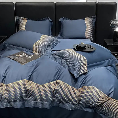 Luxury blue and champagne 1000tc cotton embroidery bedding set with blue satin duvet and gold geometric accents