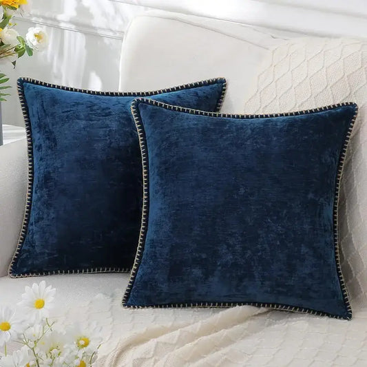 Luxury deep blue chenille cushion covers with stitched black and white edges for living room decorbites blue chenille pillows