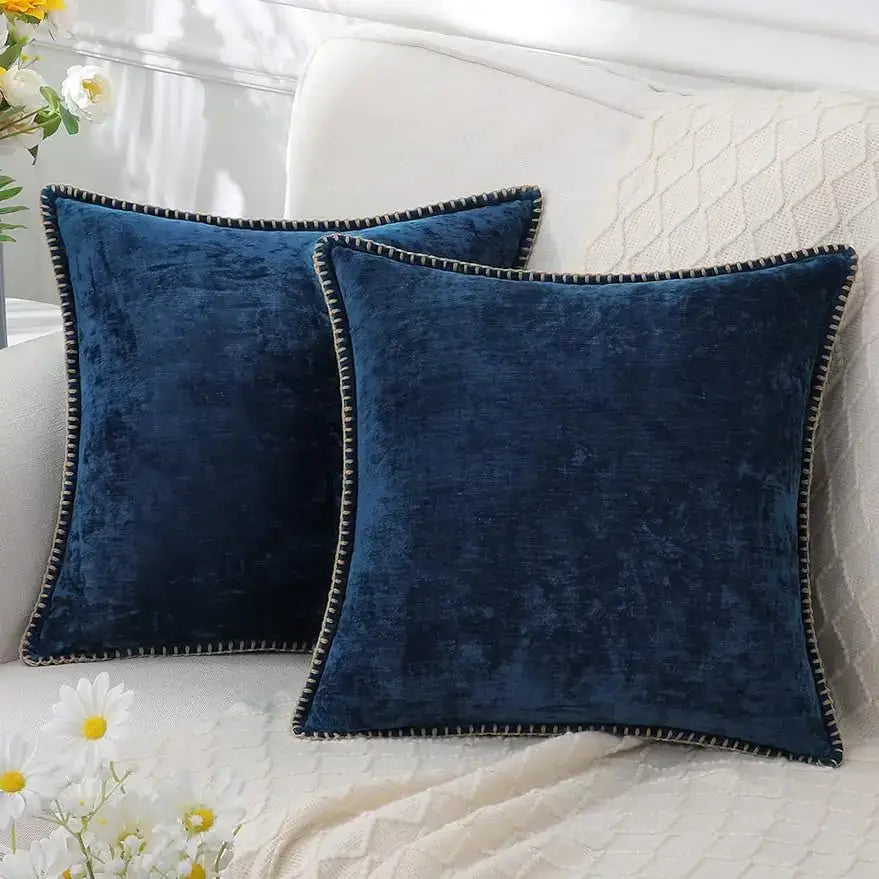 Luxury deep blue chenille cushion covers with stitched black and white edges for living room decorbites blue chenille pillows