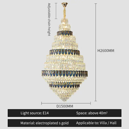 Luxury blue and clear crystal headlight chandelier with gold electroplated tiers and dark blue bands for villa dining room decorbites crystal headlight