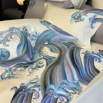 Elegant cream-colored satin bedding set featuring blue tides waves embroidery with dynamic hand-painted wave pattern