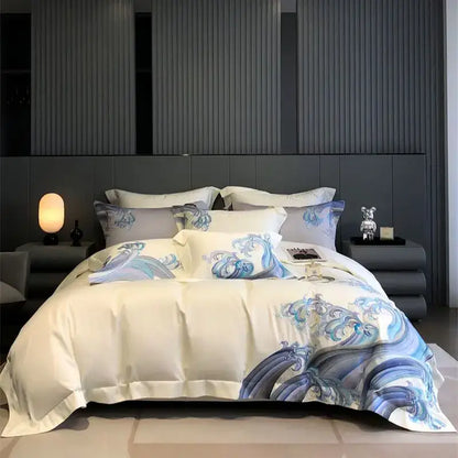 Cream-colored satin bedding set featuring elegant blue tides waves embroidery for a luxury bedroom