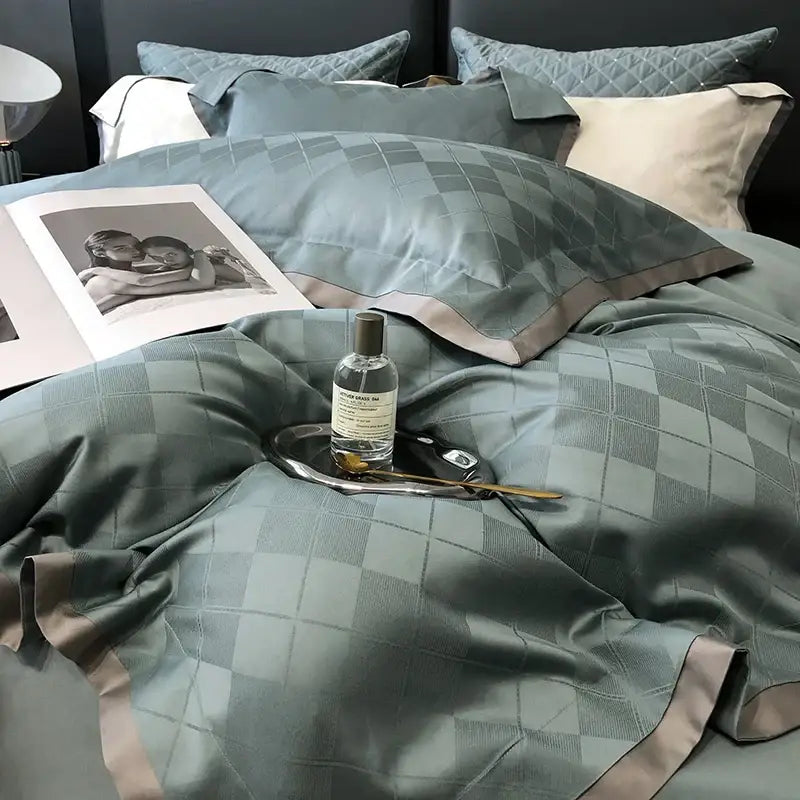 Luxury blush pink floral jacquard duvet cover set and sage green satin duvet cover set with diamond pattern and beige piping
