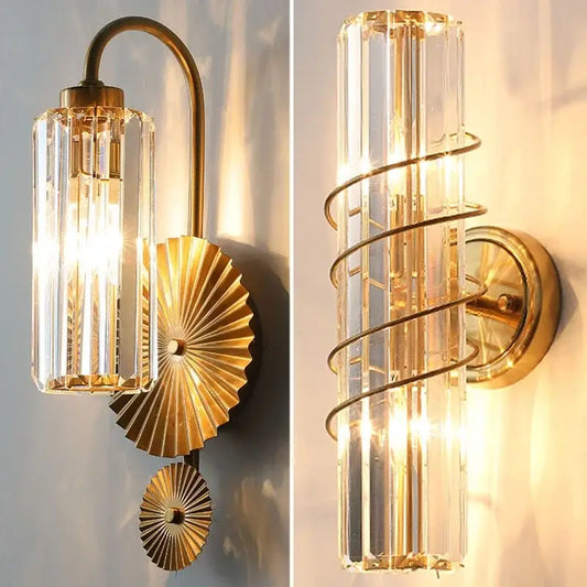 Luxury brass crystal wall lamp featuring clear ribbed glass cylinders and fan-shaped metal accents for bedroom decorbites crystal wall lighting
