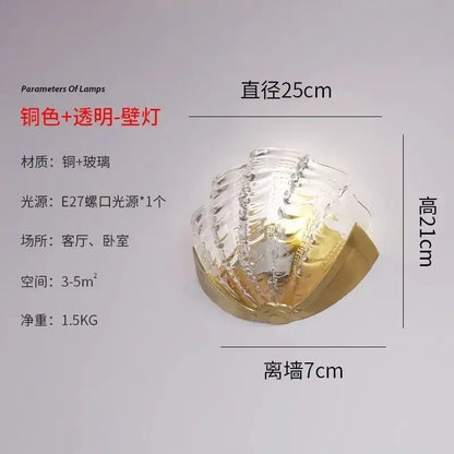 Luxury brass glass shell wall lamp with translucent layered glass and copper base for bedroom or living room decorbites brass glass