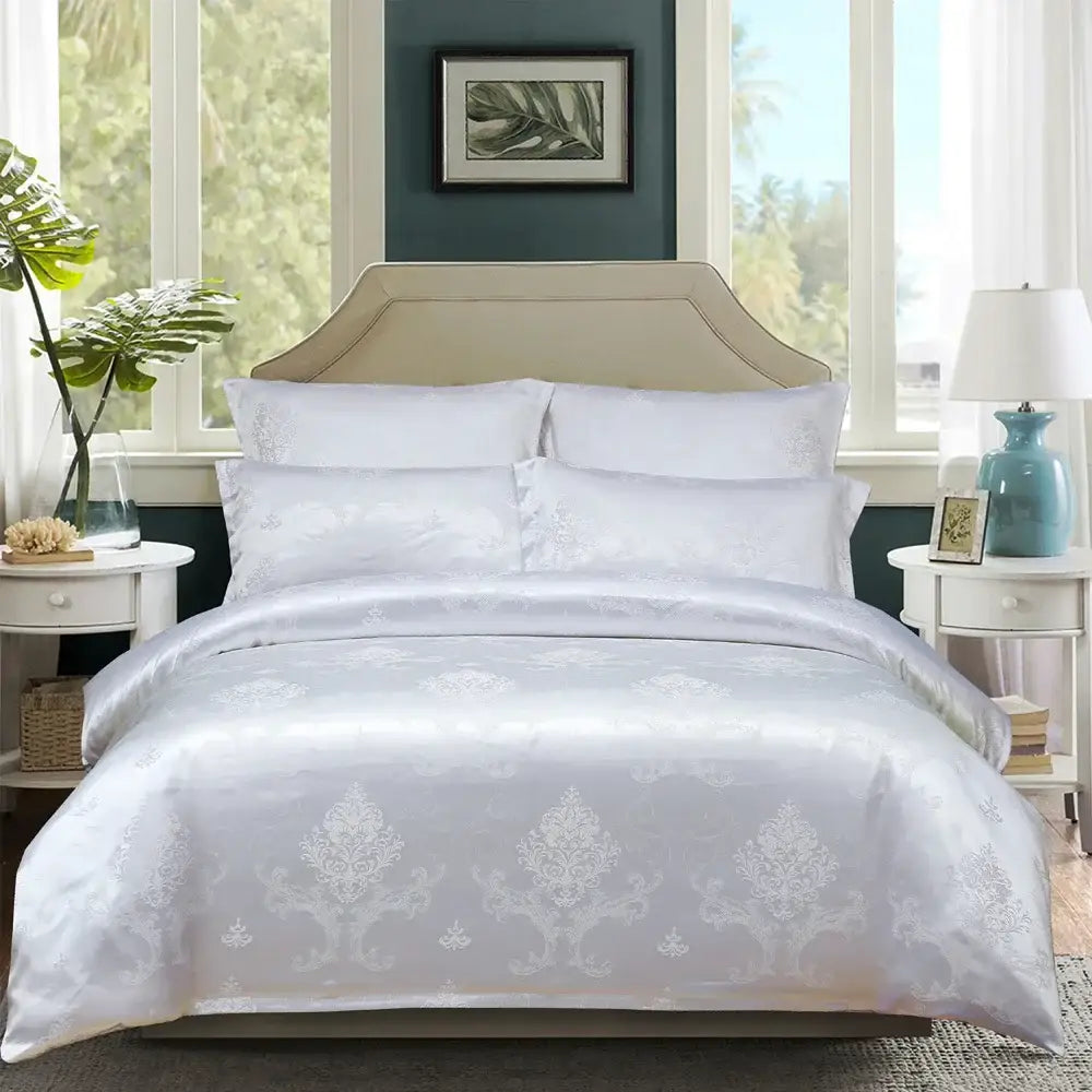 White satin duvet cover with subtle silver damask pattern from luxury brown and gold decorbites jacquard bedding set