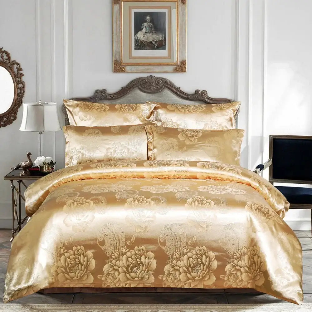 Luxury brown and gold damask duvet cover bedding set with golden satin and intricate floral embroidery decorbites jacquard luxury