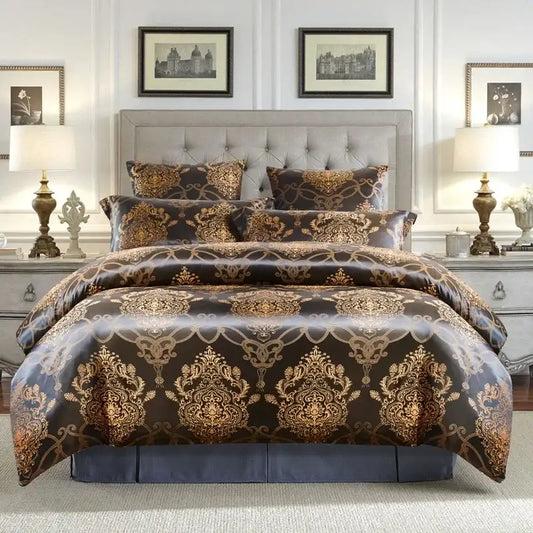 Elegant dark brown satin duvet cover bedding set with gold damask patterns and decorbites jacquard luxury accents