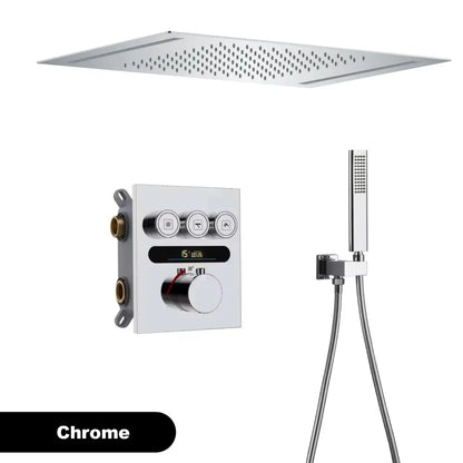 Chrome-finished square rain shower head with sleek modern design and perforated surface in luxury brushed gold digital rainfall shower system
