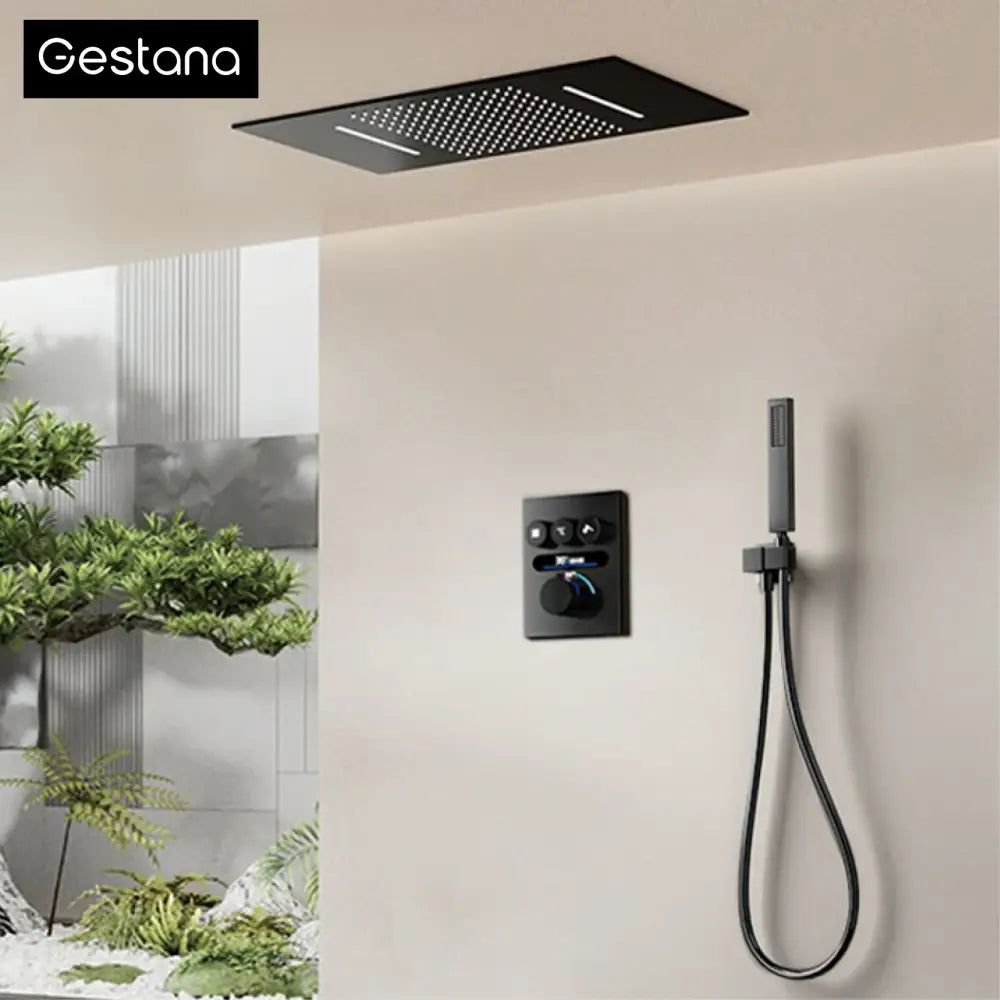 Luxury brushed gold digital rainfall shower system featuring a black rectangular ceiling-mounted rain shower head with led lighting