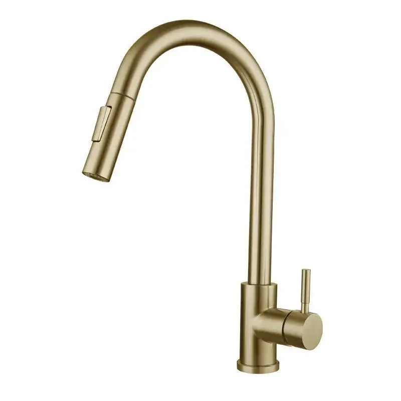 Modern brushed gold pull kitchen faucet by decorbites with sleek curved spout and pull-down spray head textured finish