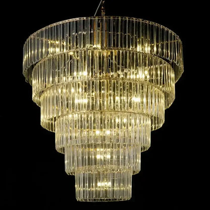 Luxury cascading crystal ice bar chandelier with multi-tiered vertical glass rods illuminated by warm golden lights for dining room decorbites crystal ice