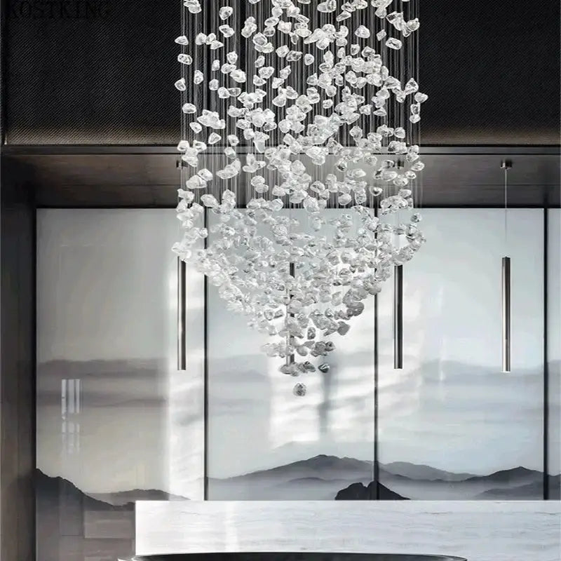 Luxury cascading crystal led chandelier with irregular clear glass pieces suspended by metallic wires for staircase decorbites crystal led