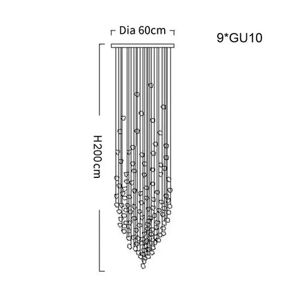 A modern luxury cascading crystal led chandelier by decorbites with 9 gu10 lights and 200cm height for staircase lighting