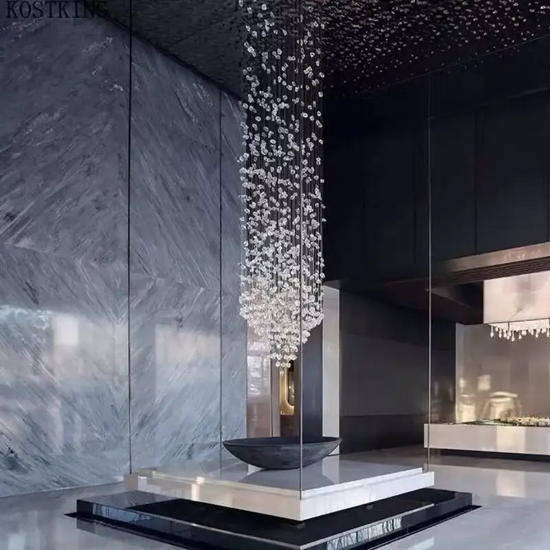 Luxury cascading crystal led chandelier in clear faceted crystal for staircase lighting by decorbites crystal led