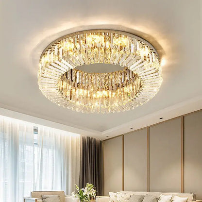 Luxury chrome crystal led ceiling lights featuring a circular two-tiered gold metal frame with faceted glass prisms
