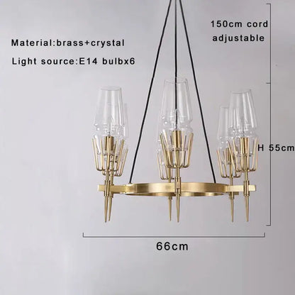 Luxury copper and glass chandelier with gold-toned brass and six clear crystal shades for dining room lighting fixture decorbites copper