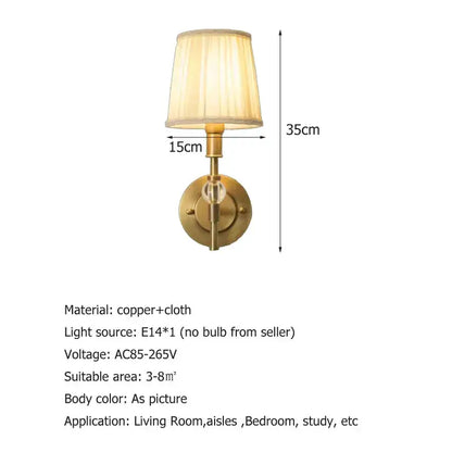 Luxury copper wall lamp with brass finish and cream pleated fabric shade for bedroom and hallway decorbites copper wall lamp