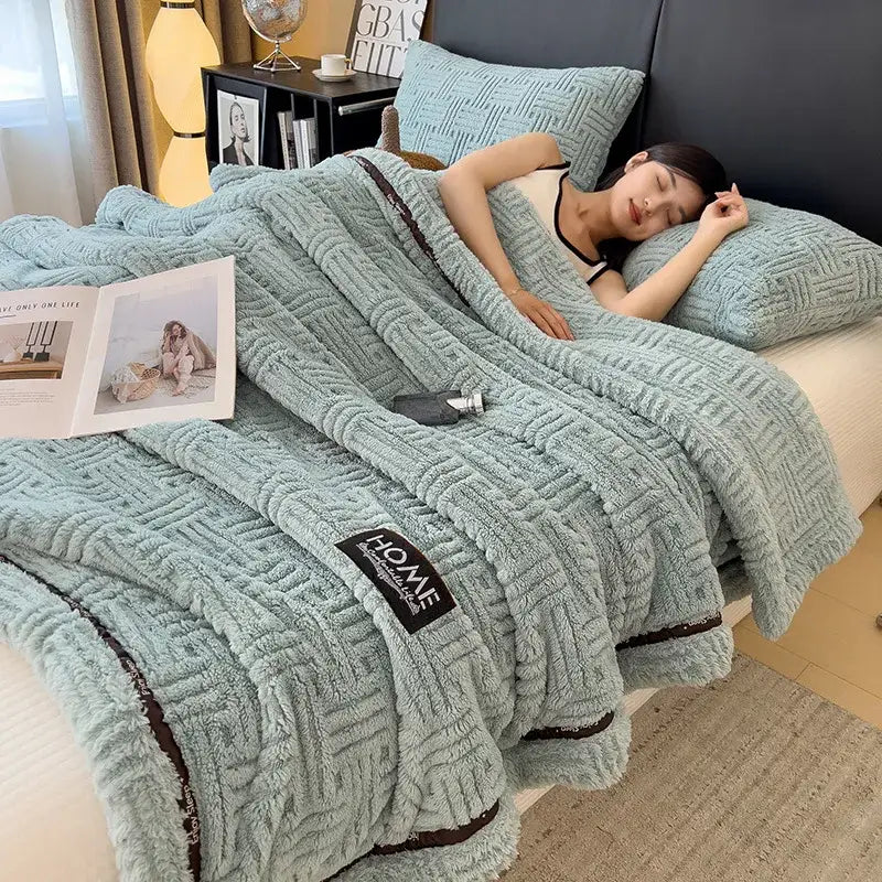 Luxury coral fleece winter blanket in light blue with woven texture and dark brown trim for bedroom use