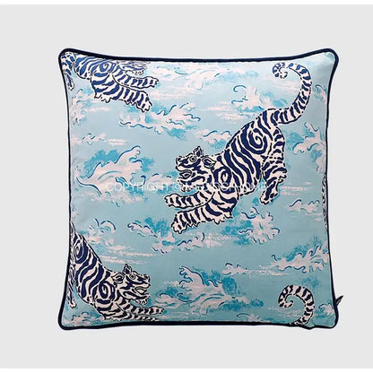 Luxury coral lynx velvet cushion cover with vibrant light blue fabric and black white striped tigers for living room decorbites coral lynx