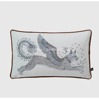 Luxury coral lynx velvet cushion cover featuring a black and white winged lynx illustration with brown border for decorbites coral lynx