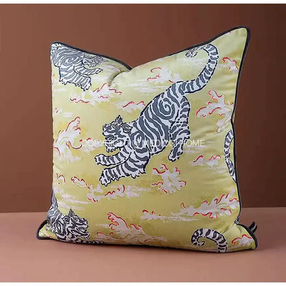 Square luxury coral lynx velvet cushion cover with yellow tiger print and coral clouds for living room decorbites coral lynx