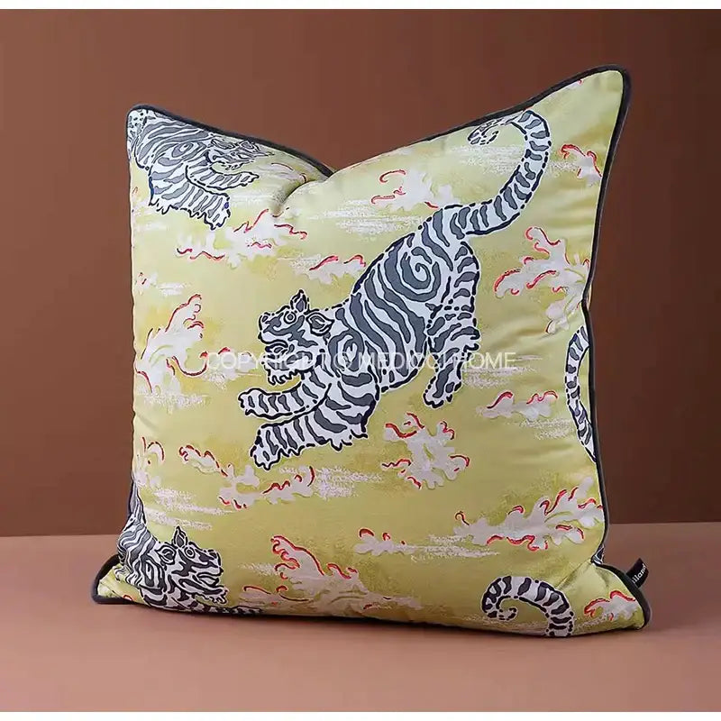 Square luxury coral lynx velvet cushion cover with yellow tiger print and coral clouds for living room decorbites coral lynx