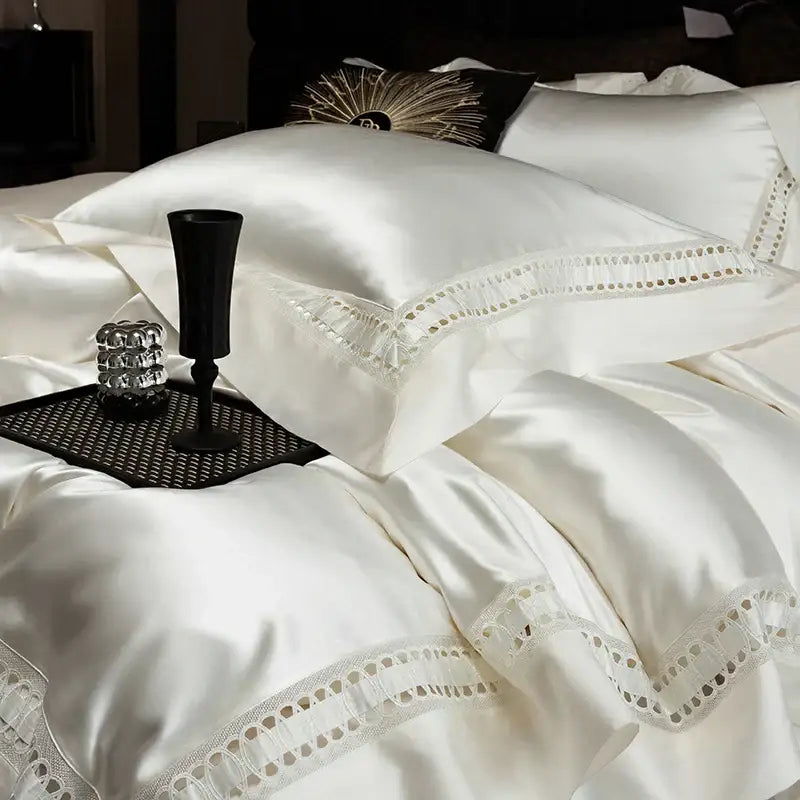 White satin pillowcases with delicate lace trim from luxury cream decorbites 1000tc egyptian cotton bedding set