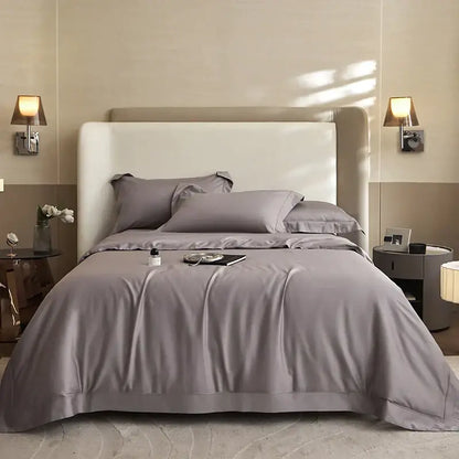 Gray satin bedding set with matching pillows and upholstered headboard luxury cream decorbites 1400tc pima cotton