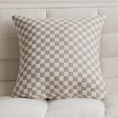 Square pillow cover with classic beige and off-white checkered decorbites camellia jacquard fabric finish