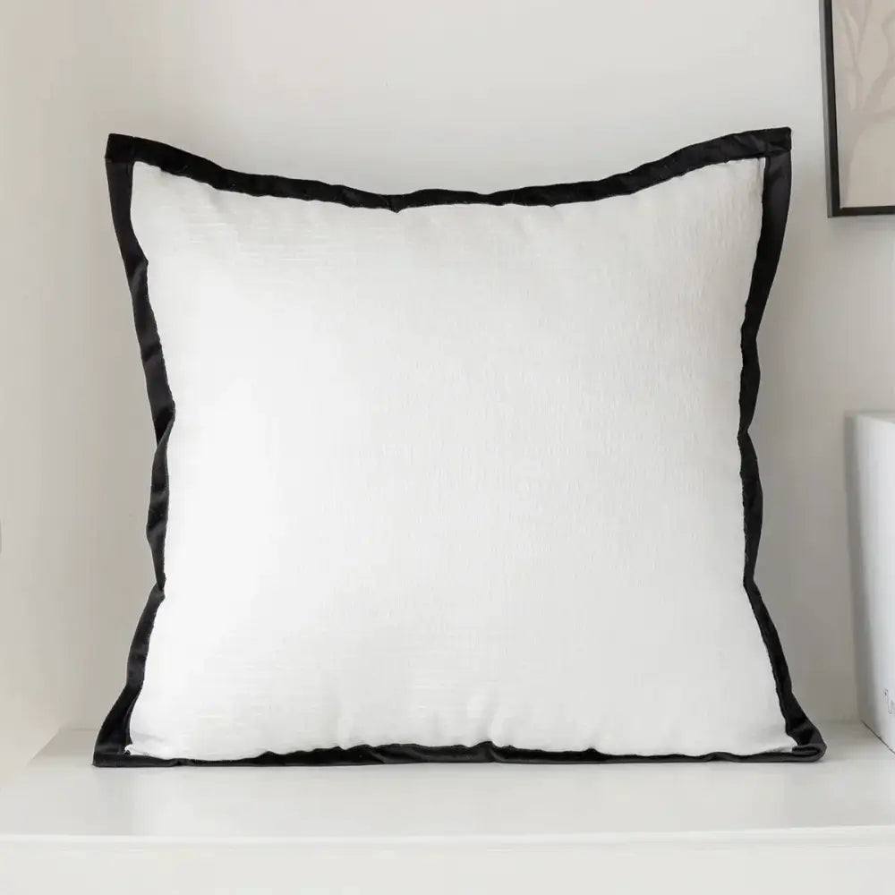 White square pillow cover with black satin border featuring decorbites camellia jacquard for living room decor
