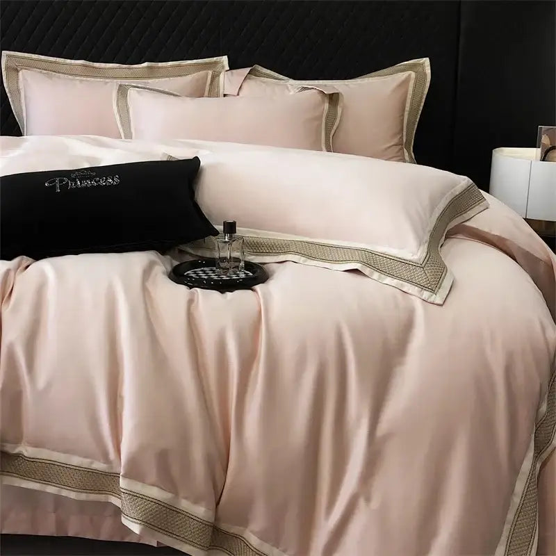 Blush pink satin bedding set with gold and cream embroidered trim from decorbites 1000tc luxury embroidery collection