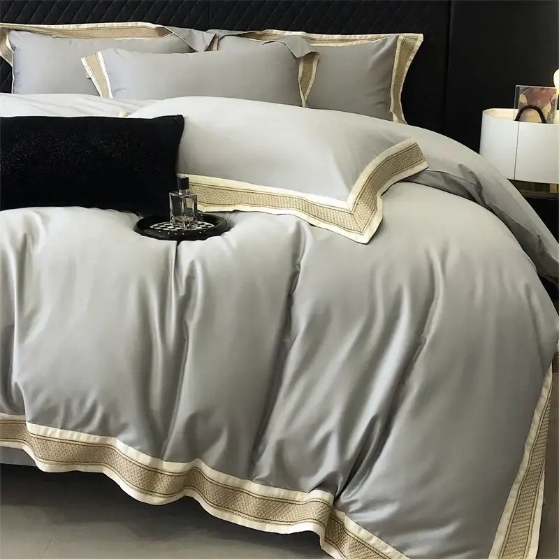 Luxury gray satin duvet cover bedding set with cream and gold embroidered trim from decorbites 1000tc luxury embroidery