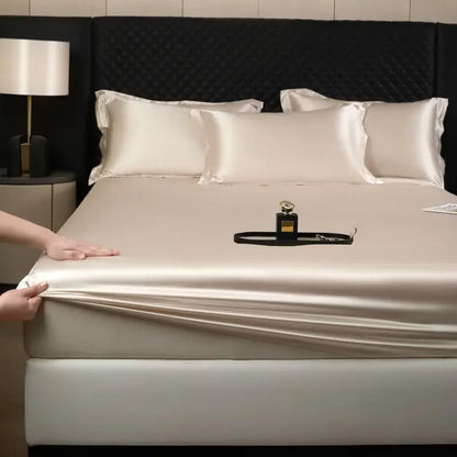 Luxury cream mulberry silk fitted sheet set with smooth glossy satin finish for elegant bedroom bed linen