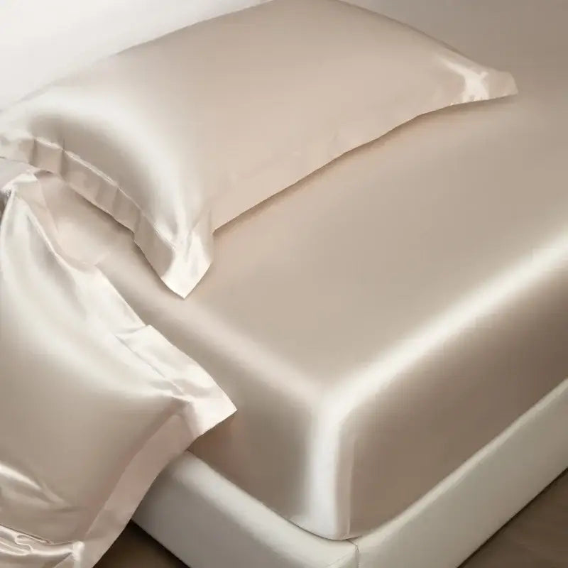 Luxury cream mulberry silk fitted sheet set with cream satin pillowcase featuring smooth glossy finish and stitched edges