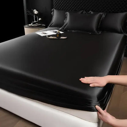 Black satin fitted sheet set with smooth glossy finish luxury cream mulberry silk bedroom bed linen