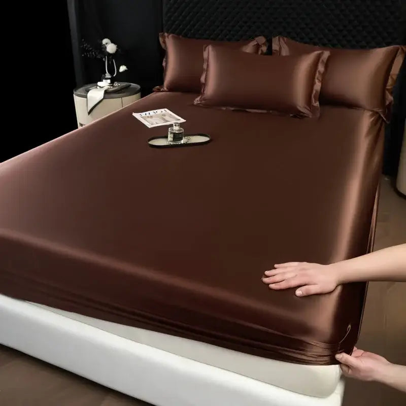 Brown satin fitted sheet set with matching pillowcases luxury cream mulberry silk bedroom bed linen